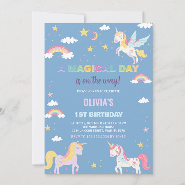 Colours Unicorns Birthday Invitations (Front)