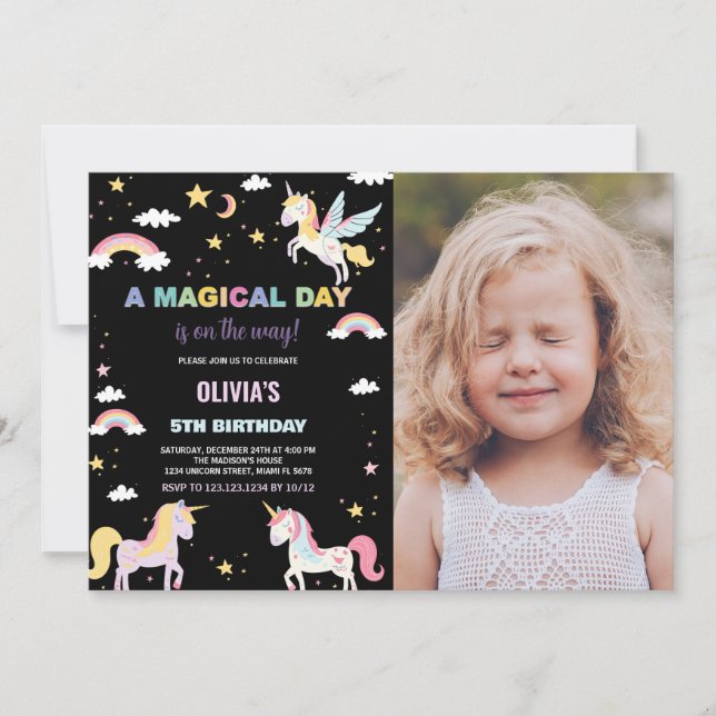 Colours Unicorns Birthday Invitations with photo (Front)