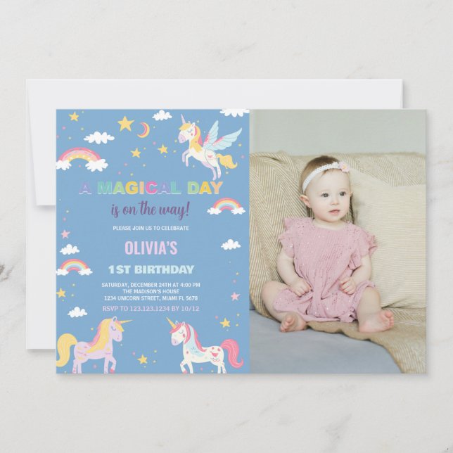 Colours Unicorns Birthday Invitations with photo (Front)