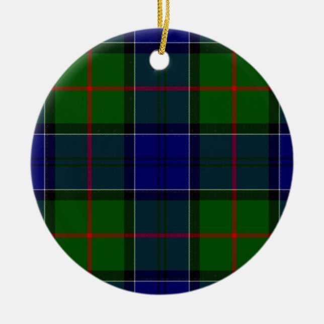 Colquhoun tartan blue green plaid ceramic tree decoration (Front)