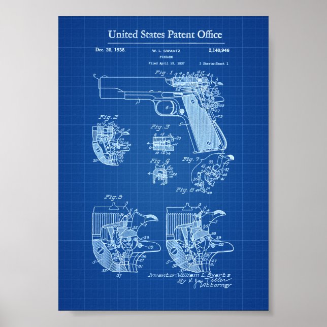 Colt 1911 Firearm Patent - Blueprint Poster (Front)