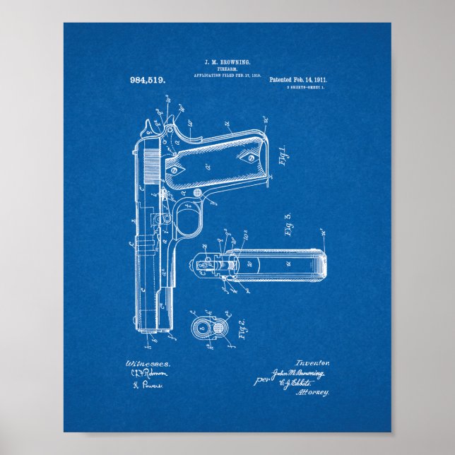 Colt 1911 Gun Patent - Blueprint Poster (Front)