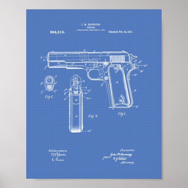 Colt .45 1911 Patent Art - Blueprint Poster (Front)