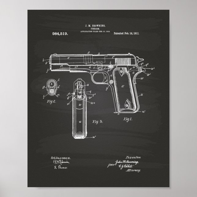 Colt .45 1911 Patent Art - Chalkboard Poster (Front)