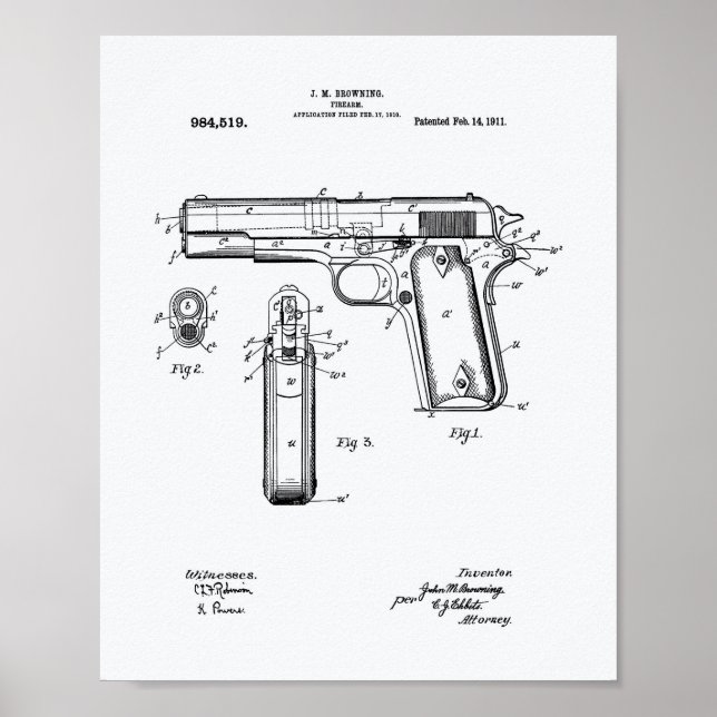 Colt .45 1911 Patent Art - White Paper Poster (Front)