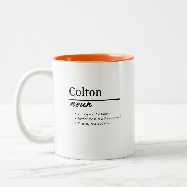 Colton, Boy Personalised Name Definition Two-Tone Coffee Mug (Left)