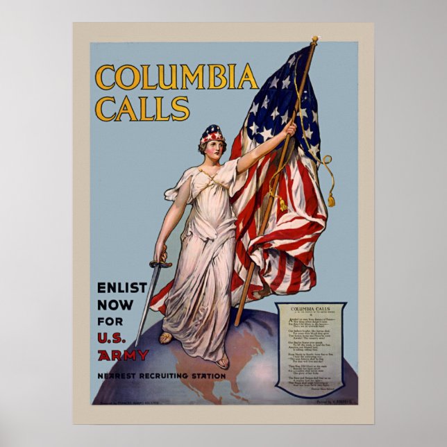Columbia Calls Vintage WW1 Army Enlistment Poster (Front)