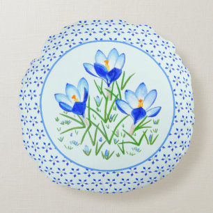 Columbine and Blue Crocuses Round Cushion