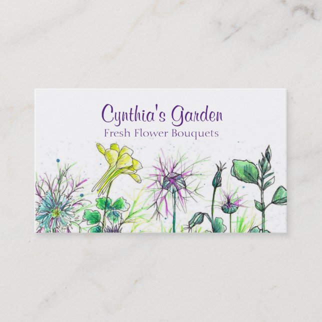 Columbine Nigella Watercolor Wildflowers Bouquet Business Card (Front)