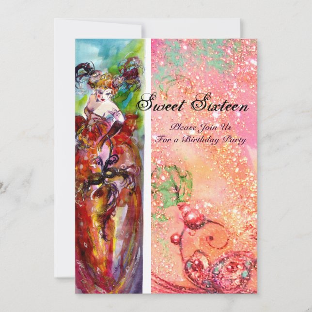 COLUMBINE ,Sweet 16 Masquerade Party,pink gold Invitation (Front)