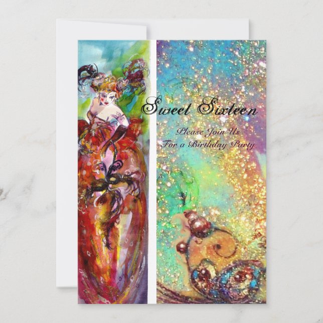 COLUMBINE Sweet Sixteen Masquerade Party,blue gold Invitation (Front)