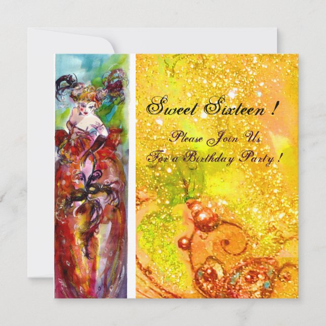 COLUMBINE,Sweet Sixteen Masquerade Party,yellow Invitation (Front)