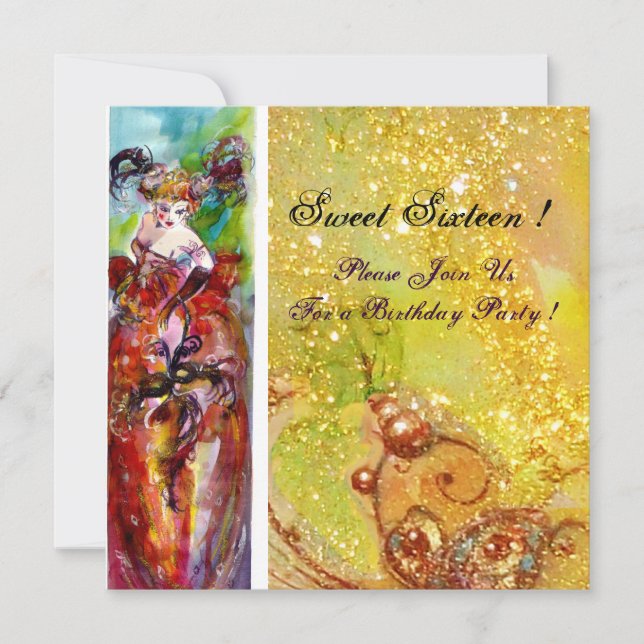 COLUMBINE,Sweet Sixteen Masquerade Party,yellow Invitation (Front)