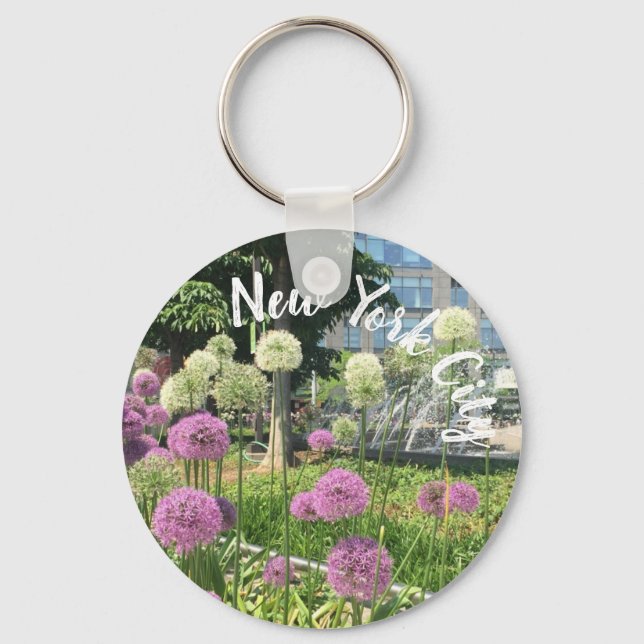 Columbus Circle NYC Allium Fountain Flowers Photo Key Ring (Front)