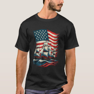 Columbus Day Sailing Ship American Flag Patriotic T-Shirt