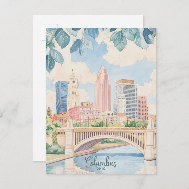 Columbus Ohio Gouache Paint Illustration Travel Postcard (Front/Back)