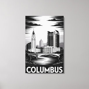 Columbus Ohio Skyline Black White Woodcut Canvas Print
