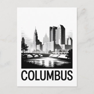 Columbus Ohio Skyline Black White Woodcut Holiday Postcard