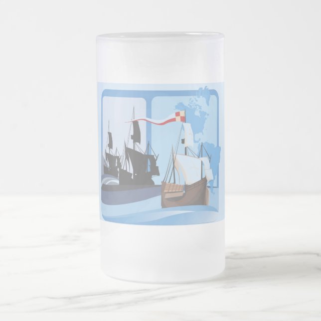 Columbus Sailing the Ocean Blue - Frosted Glass Beer Mug (Center)