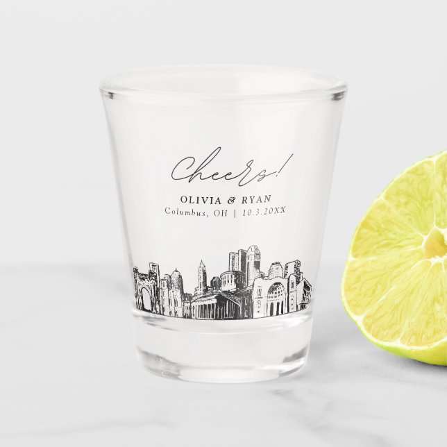 Columbus Wedding Favour Personalised Cheers Shot Glass (Front)