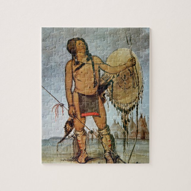 Comanche warrior with a shield, lance and bow and jigsaw puzzle (Vertical)