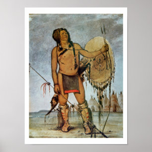 Comanche warrior with a shield, lance and bow and poster