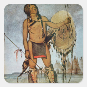 Comanche warrior with a shield, lance and bow and square sticker