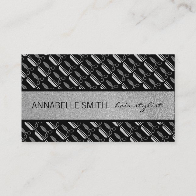 Comb and Shears / Hair Stylist / Silver Glitter Business Card (Front)