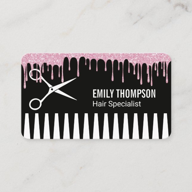 Comb | Hair Stylist | Glitter Drip Business Card (Front)