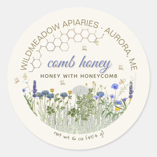 COMB HONEY Honey with Comb Meadow Flowers & Bees   Classic Round Sticker (Front)