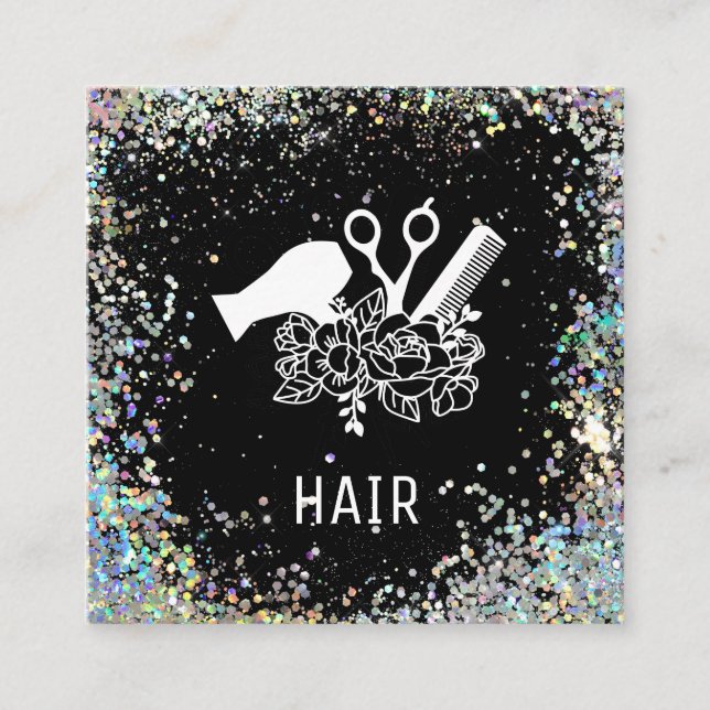 *~* Comb Scissors Flowers Rainbow Glitter  AP6 Square Business Card (Front)