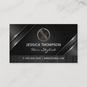 Comb Scissors Logo Metallic Wood Business Card
