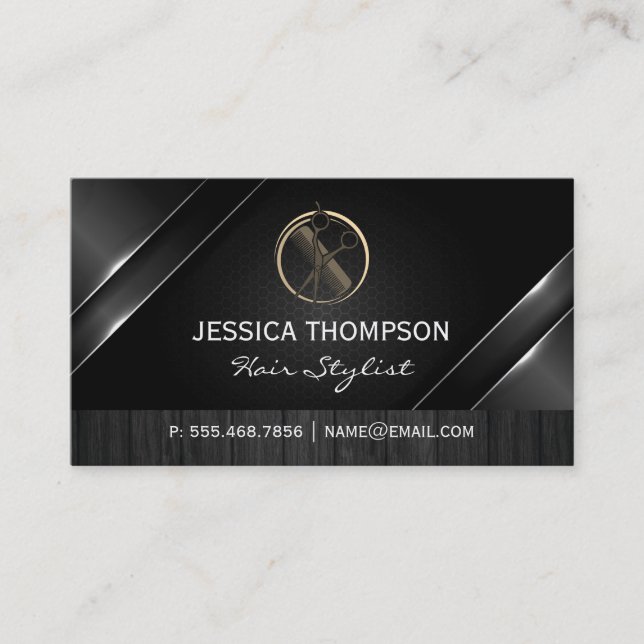 Comb Scissors Logo | Metallic | Wood Business Card (Front)