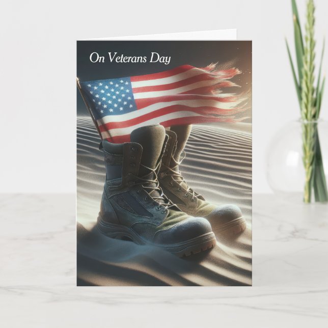 Combat Boots and Flag In Desert Sand Card (Front)