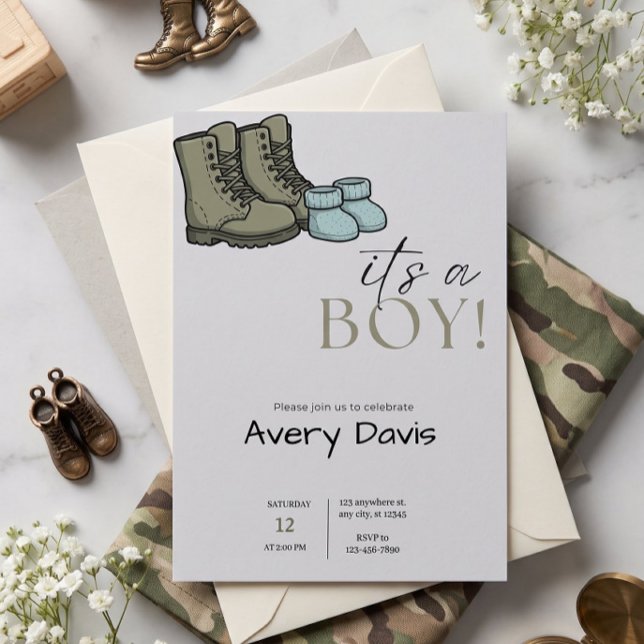 Combat Boots & Baby Booties Shower Invitation (Combat Boots & Baby Booties Invitation | "It's a Boy" Military Baby Shower)