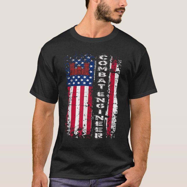 Combat Engineer Distressed American Flag - U.S. Mi T-Shirt (Front)