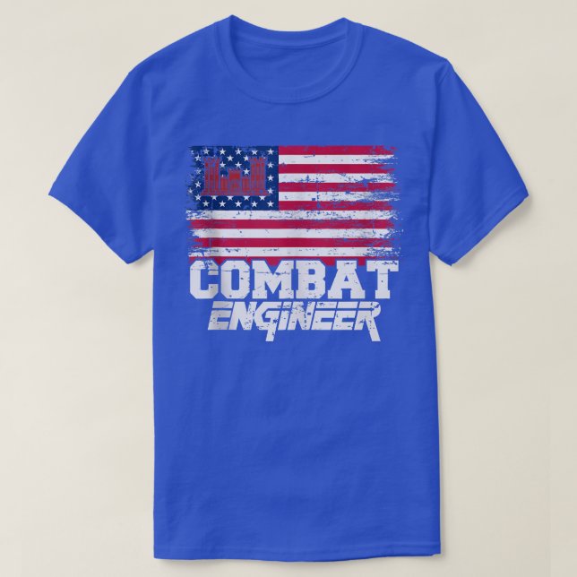 Combat Engineer with American Flag Distressed U  T-Shirt (Design Front)