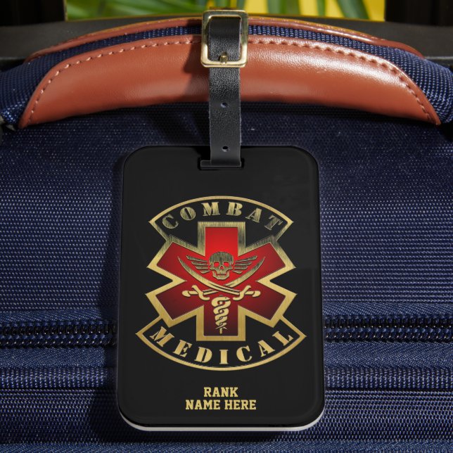 Combat Medical Skull & Swords Customisable Luggage Tag (Front Insitu 2)