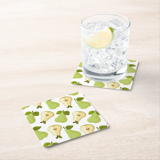 Combined pattern of open and whole pears square paper coaster (Insitu)