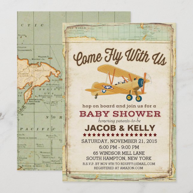 Come Fly Baby Shower Aeroplane Travel Invitation (Front/Back)