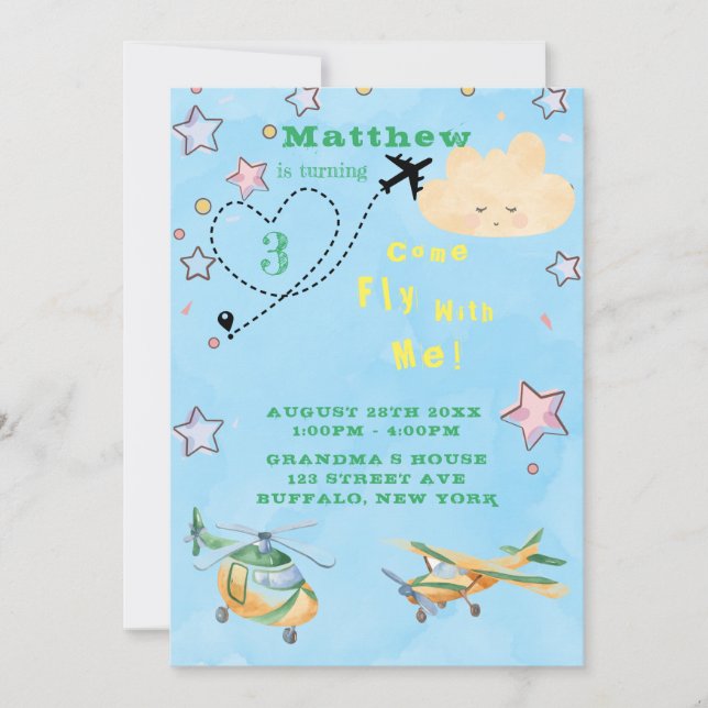 Come Fly With Me Aeroplanes Boy Birthday Party Announcement (Front)