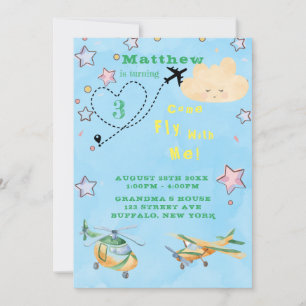 Come Fly With Me Aeroplanes Boy Birthday Party Announcement