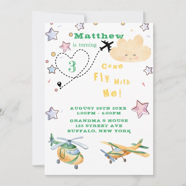 Come Fly With Me Aeroplanes Boy Birthday Party  Announcement (Front)