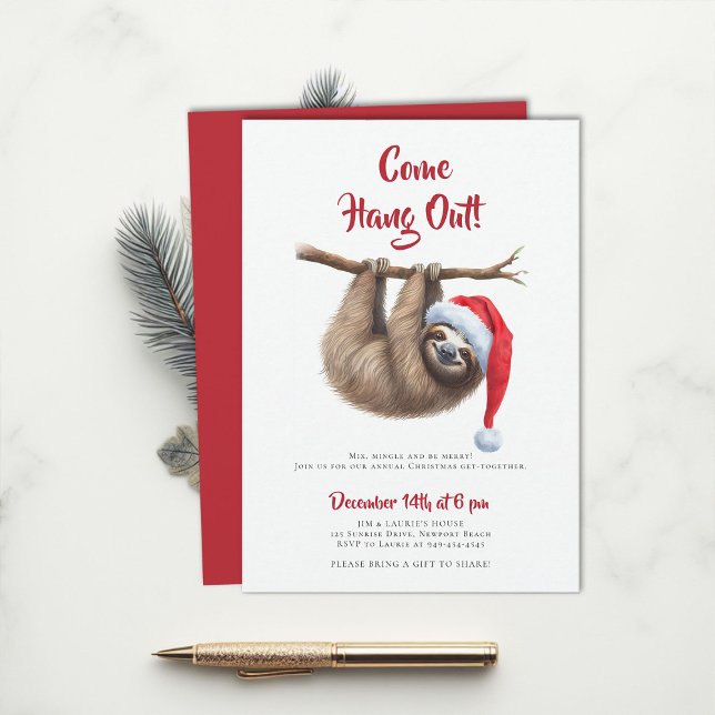 Come Hang Out Sloth Red Hat Funny Christmas Party Invitation (come hang out funny sloth christmas party invitation family winter holiday cute unique minimalist)