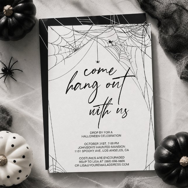 Come Hang Out Spiderweb Black and White Halloween  Invitation (Come hang out with us for a delightfully spooky Halloween celebration with this invitation! )