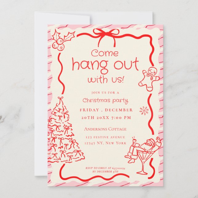 Come hang out Whimsical Red Pink Christmas Party Invitation (Front)