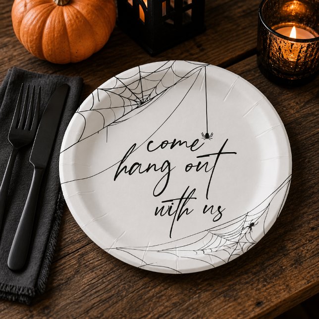 Come Hang Out With Us Spiderweb Halloween Paper Plate (Encourage every ghost and ghoul to stay awhile with these playful “Come Hang Out With Us” plates,)