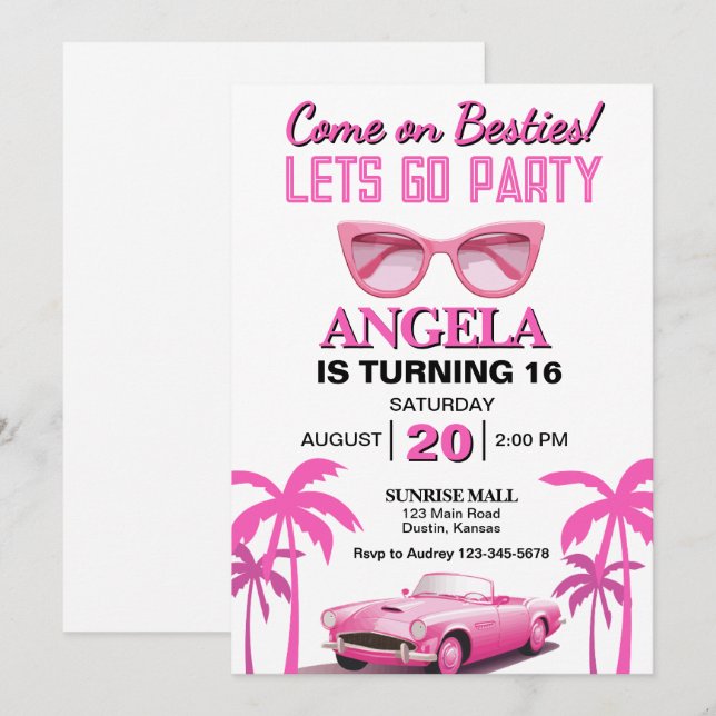 Come on Besties! Hot Pink Girls Birthday Party Invitation (Front/Back)