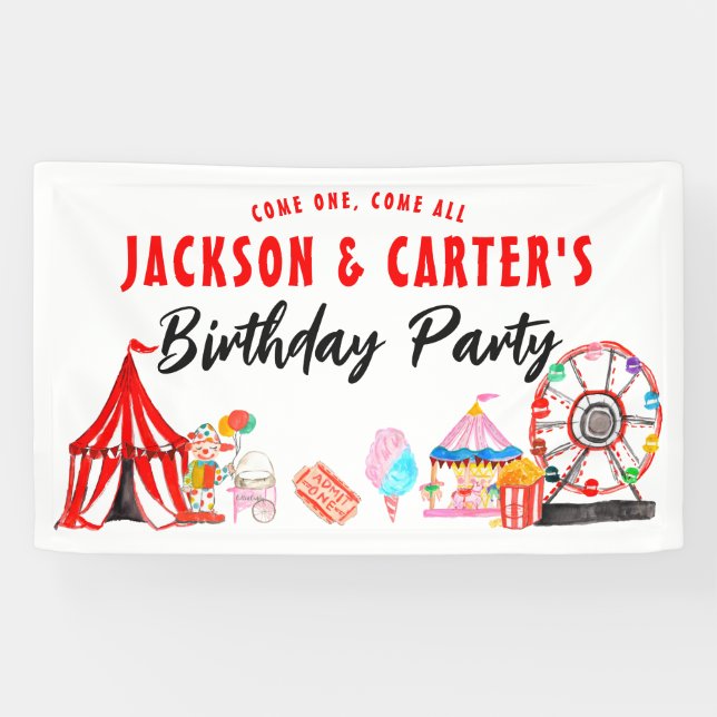 Come One All Carnival Circus Kids Joint Birthday Banner (Horizontal)