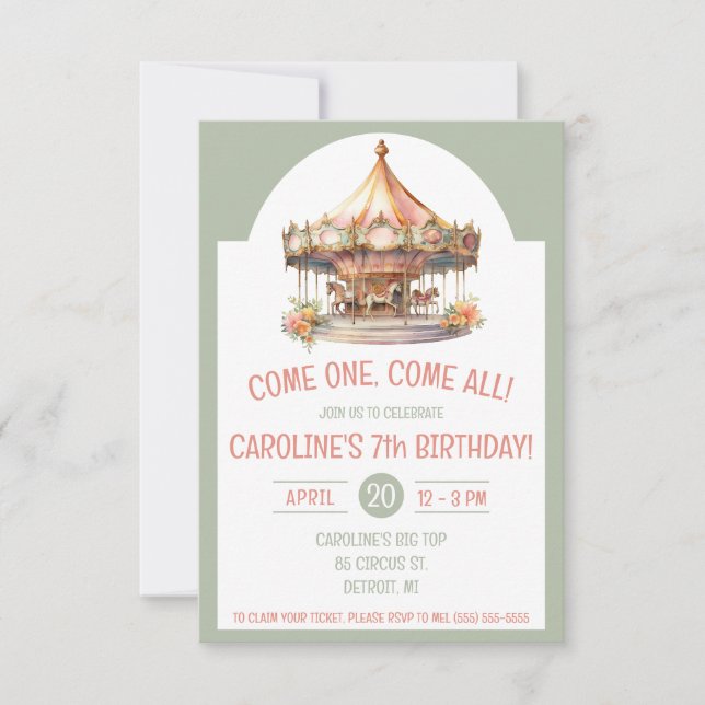 Come One, Come All! Circus Carousel Birthday Party Invitation (Front)